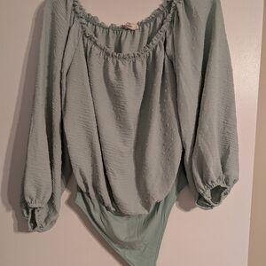 Entro Green Bodysuit with Ruffled Puff Sleeves